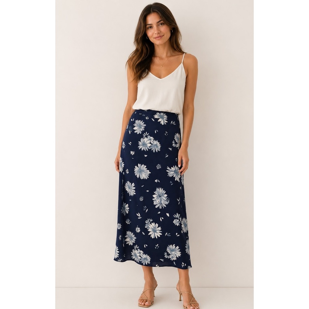 Vintage HANA Skirt Navy Blue Floral Daisy Low Rise Maxi Side Zip Small Darkfairy